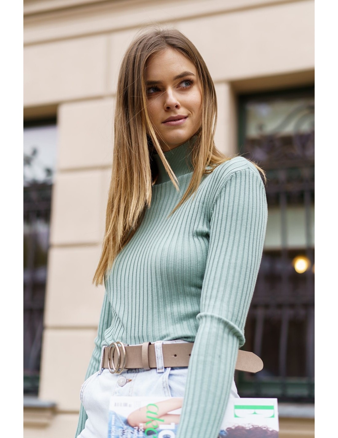 Turtleneck mulat cu coaste olive 321120 - Magazin online - Boutique